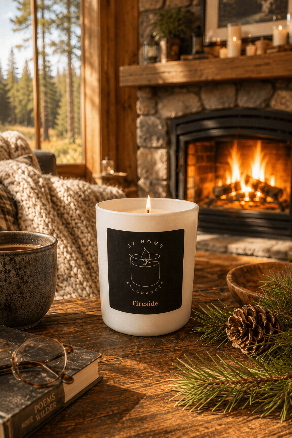 A white candle with a black label reading 'S7 Home Fragrances' and 'Fireside' sits on a rustic wooden table in a cozy living room setting with a burning fireplace, pine needles, a book, and a mug.