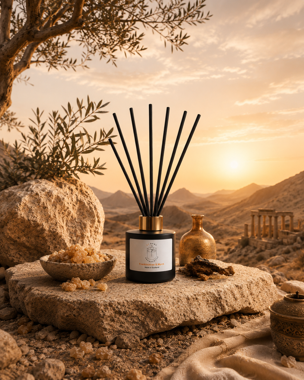 Black reed diffuser of 'Frankincense & Myrrh' scent in a black jar with gold top 'Made in Scotland' in a desert setting with the sunset.