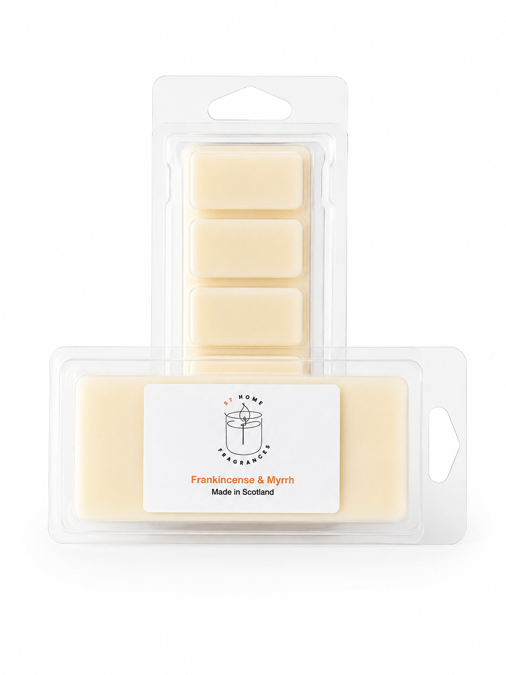 Two wax melts packages on a white background: a smaller clear clamshell with five pale cream wax tabs behind a larger clear clamshell labeled 'S7 Home Fragrance' and 'Frankincense & Myrrh'.