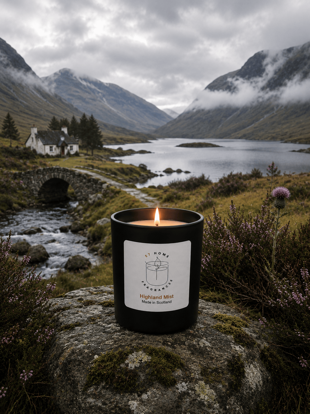 A black candle jar with a white label reading 'Highland Mist' sits on a mossy rock in a mountain landscape with a lake, bridge, and cloudy sky.