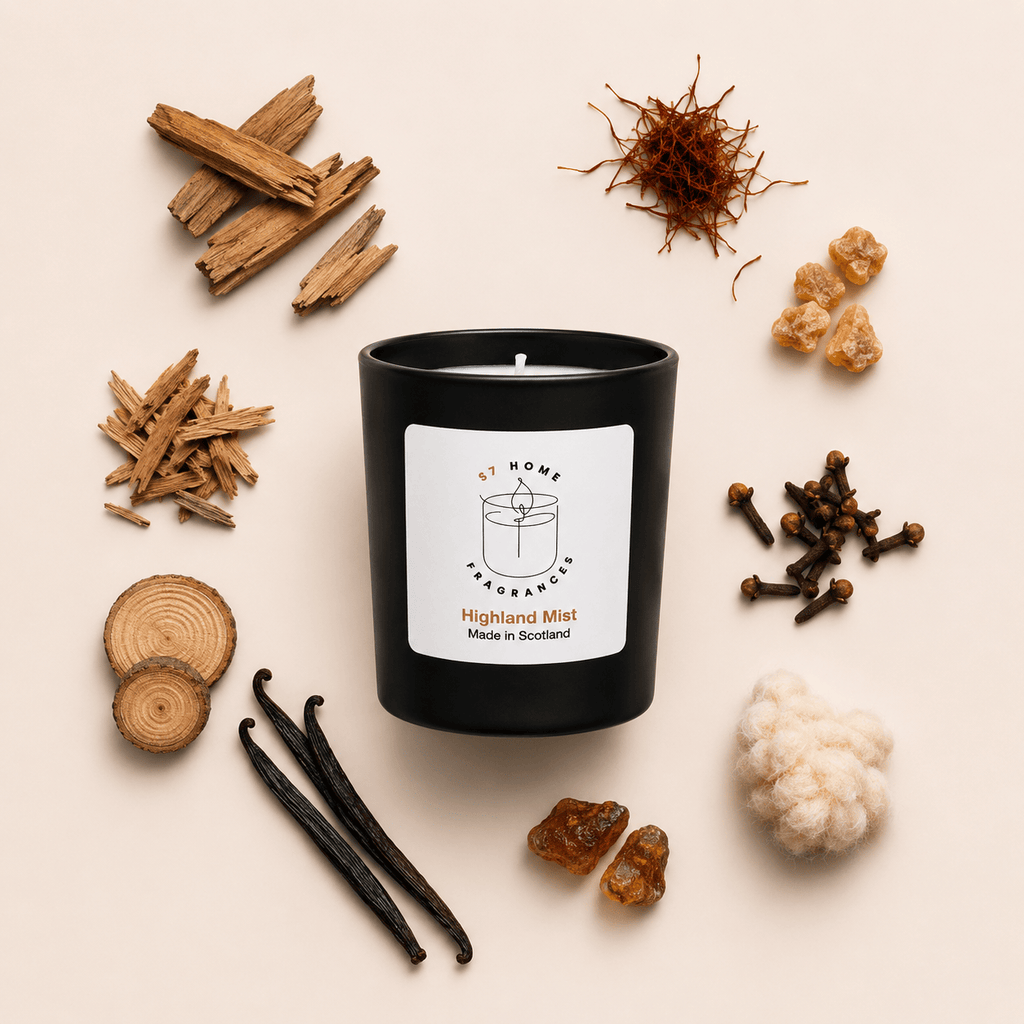 A black candle jar labeled 'A Home Fragrance Highland Mist Made in Scotland' is arranged in a styled flat lay with natural ingredients including wood slices, vanilla beans, cloves, resin pieces, and cotton fiber on a light beige background.