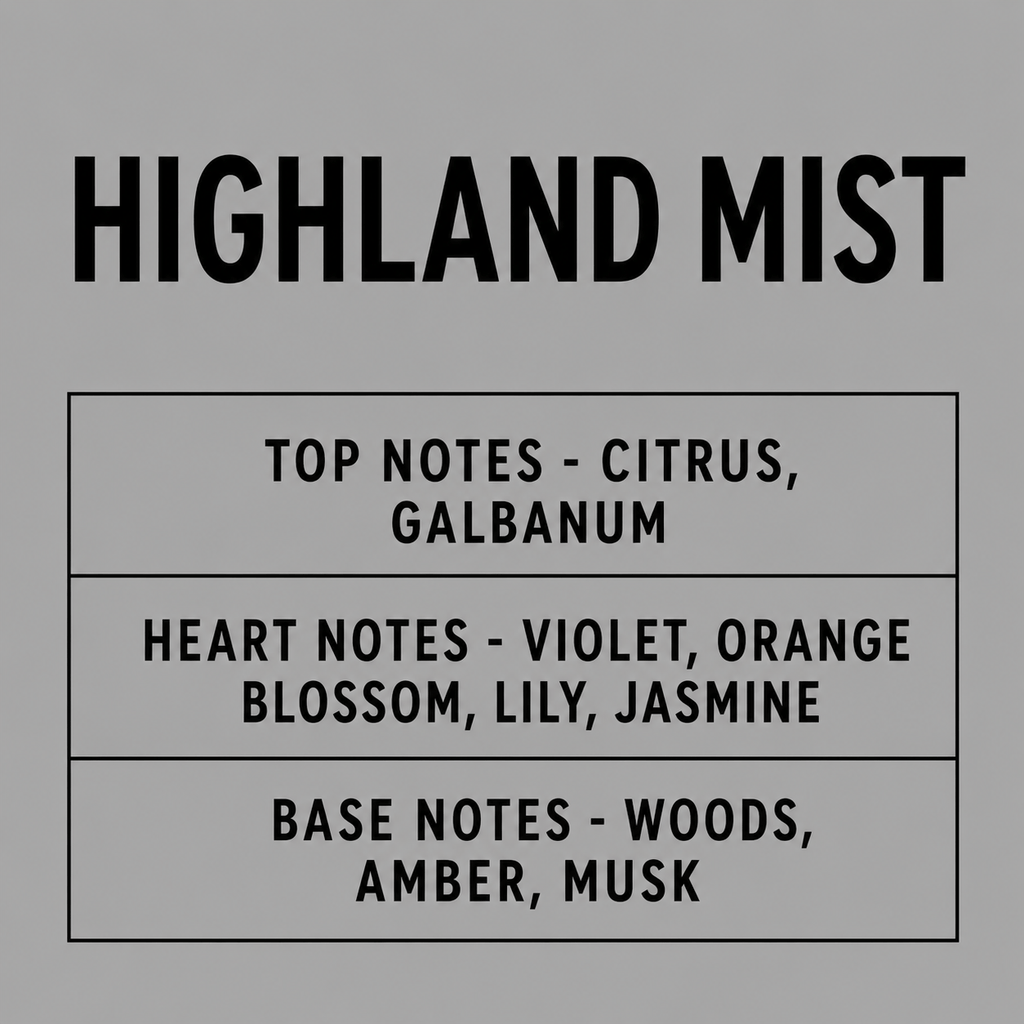 A gray square graphic with the text 'HIGHLAND MIST' in large black letters at the top and three labeled sections below listing top notes, heart notes, and base notes.