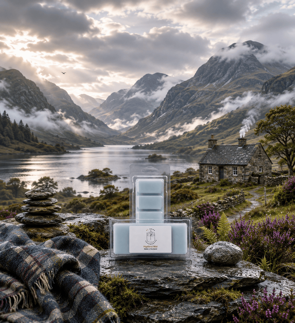 A packaged set of five pale blue wax melts sits on a stone ledge in a misty mountain valley with a lake, clouds, and a stone cottage in the background. A plaid blanket is draped in the lower left foreground.