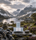 A packaged set of five pale blue wax melts sits on a stone ledge in a misty mountain valley with a lake, clouds, and a stone cottage in the background. A plaid blanket is draped in the lower left foreground.