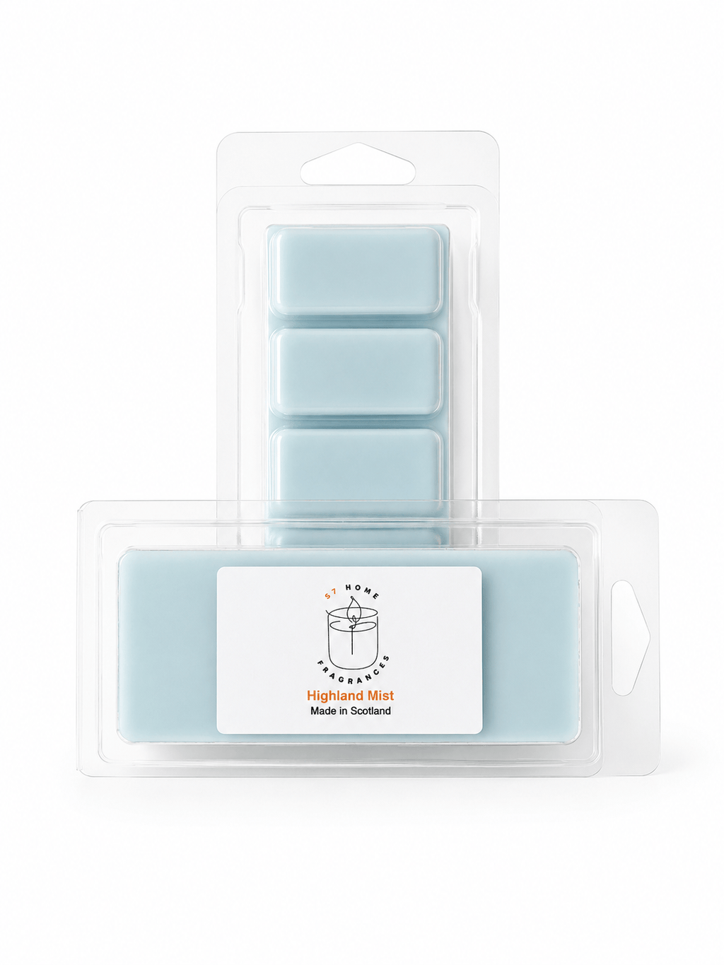 A package of four light blue wax melts in a clear plastic clamshell container with a white label reading 'Highland Mist' and 'Made in Scotland'.