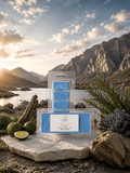 Two packaged blue rectangular wax melts displayed on a stone surface outdoors, with mountains, water, sky, limes, and greenery in the background. The front package has a white label with a circular logo and small orange text.