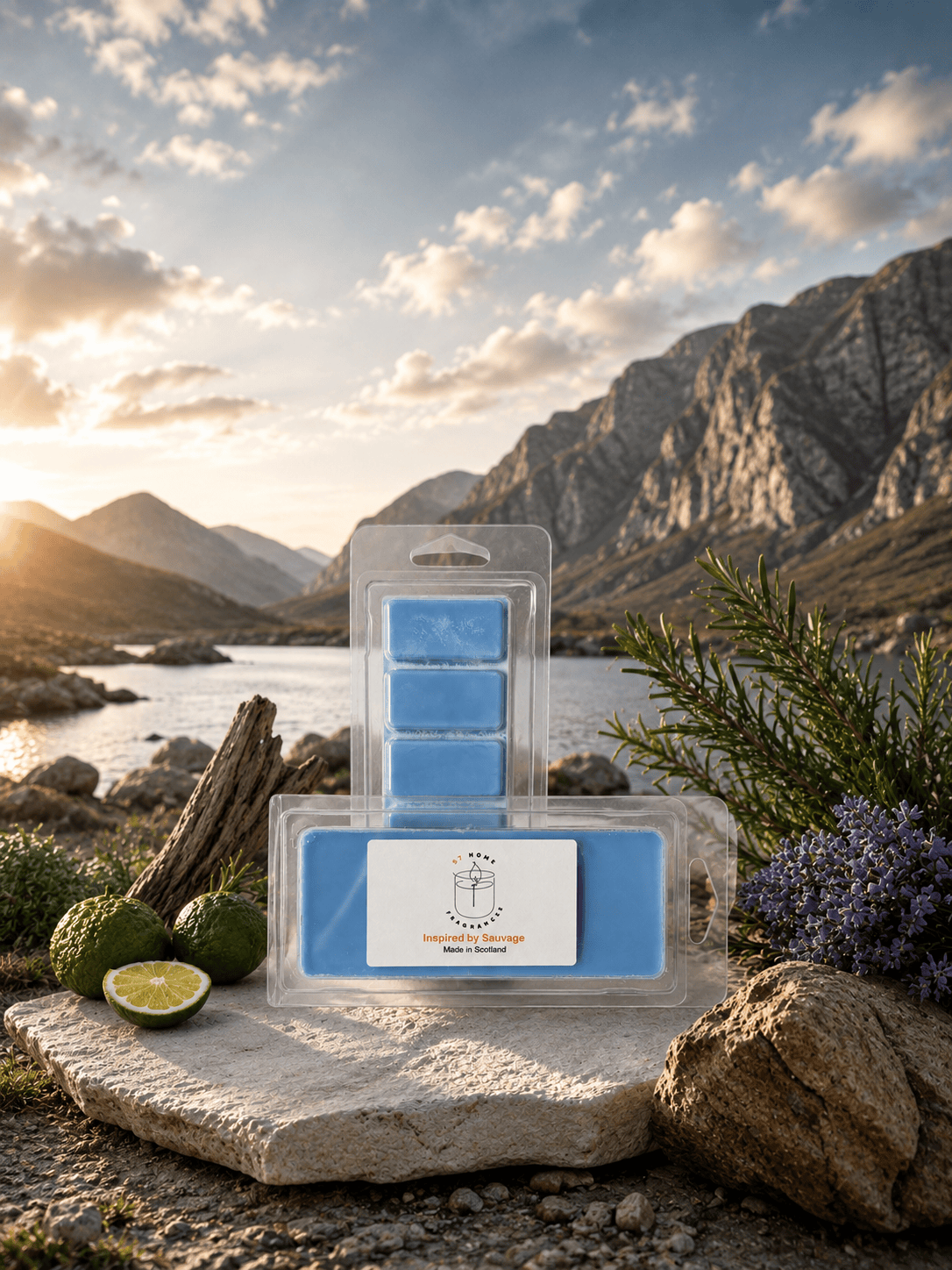 Two packaged blue rectangular wax melts displayed on a stone surface outdoors, with mountains, water, sky, limes, and greenery in the background. The front package has a white label with a circular logo and small orange text.