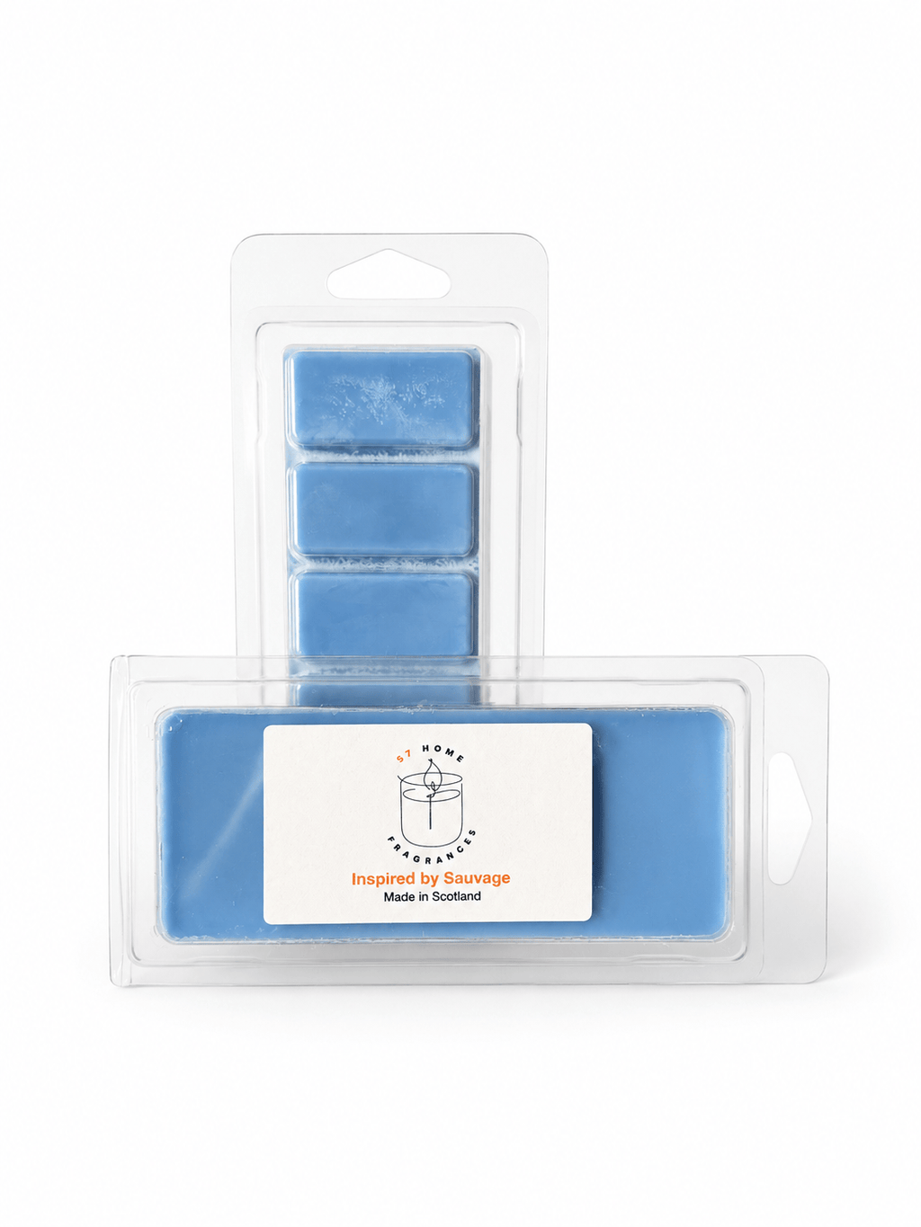 Two packages of blue wax melts on a white background. The top package contains five rectangular wax melts in a clear plastic clamshell with a hanger tab.