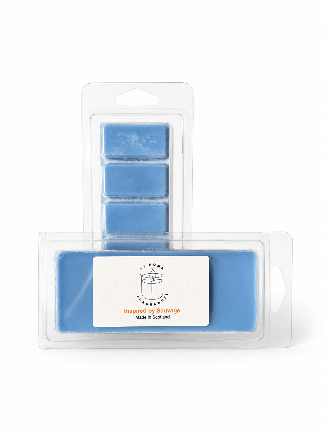Two packages of blue wax melts on a white background. The top package contains five rectangular wax melts in a clear plastic clamshell with a hanger tab.