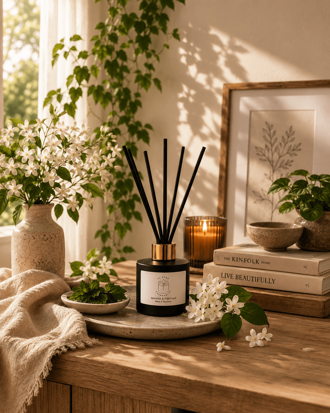 A reed diffuser with black reeds in a black glass bottle and a gold collar sits on a wooden table in a warm, sunlit room. The scene includes white flowers, a candle, books, and green plants, creating a cozy, natural aesthetic.