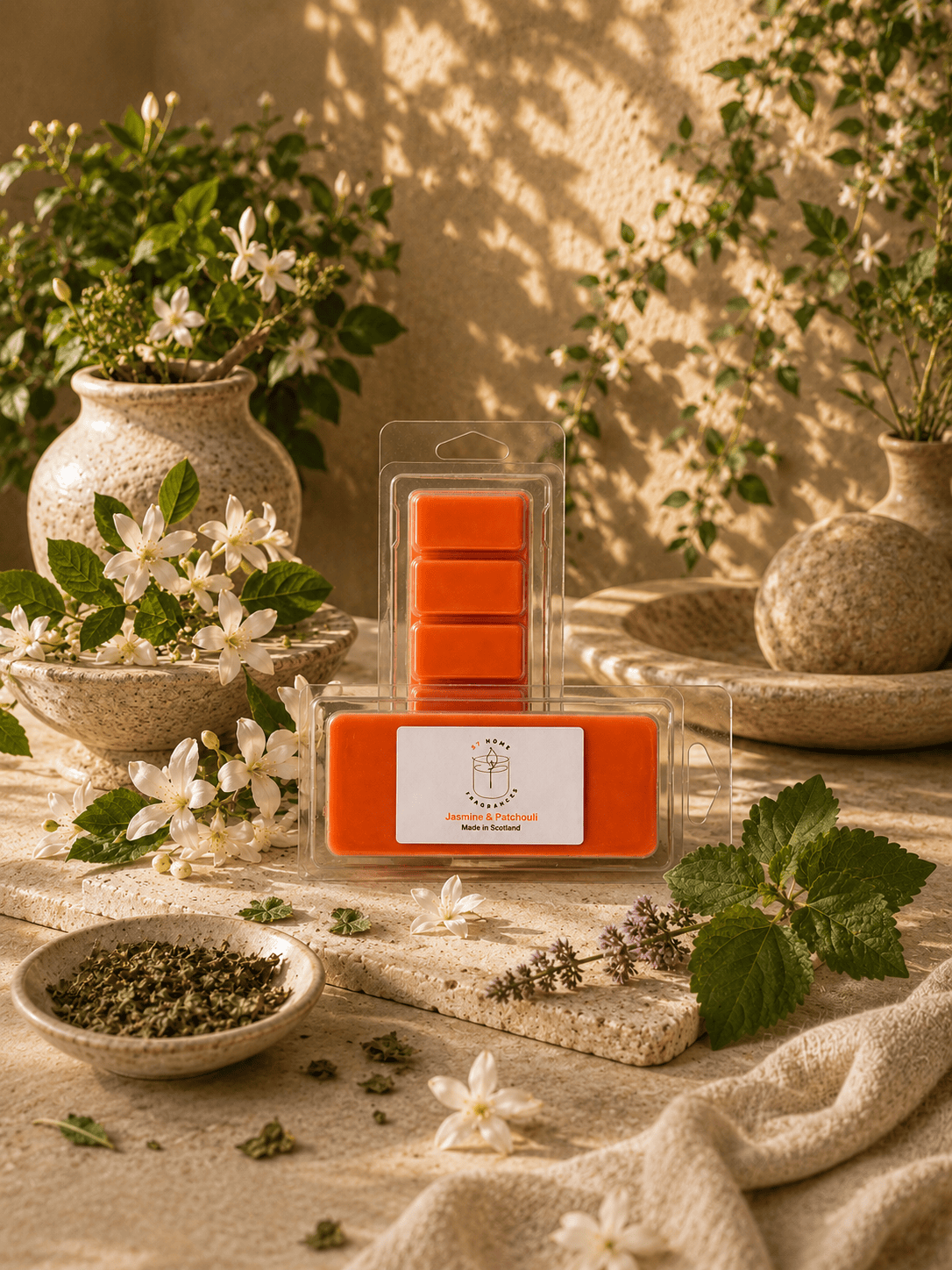 A packaged orange wax melt set displayed on a rustic stone surface with botanical props including white flowers, green leaves, and textured ceramic vases in a warm, sunlit setting.