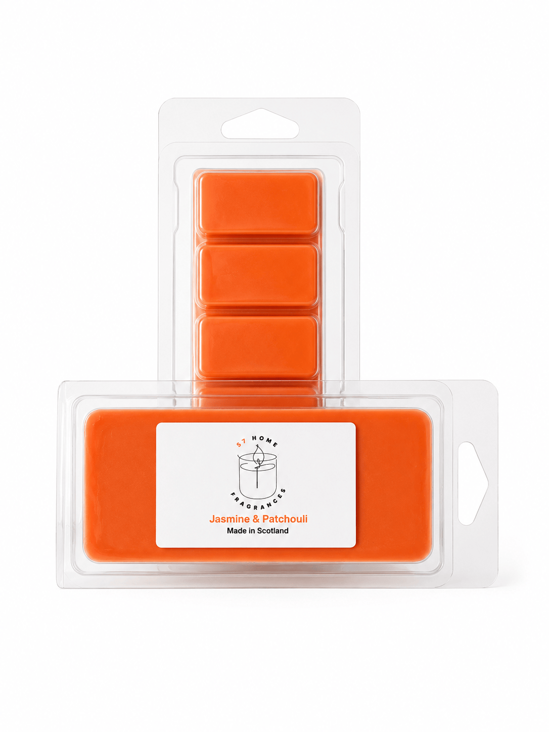 Orange wax melts in a clear plastic clamshell package with a white label reading 'Jasmine & Patchouli' and 'Made in Scotland', shown against a white background.