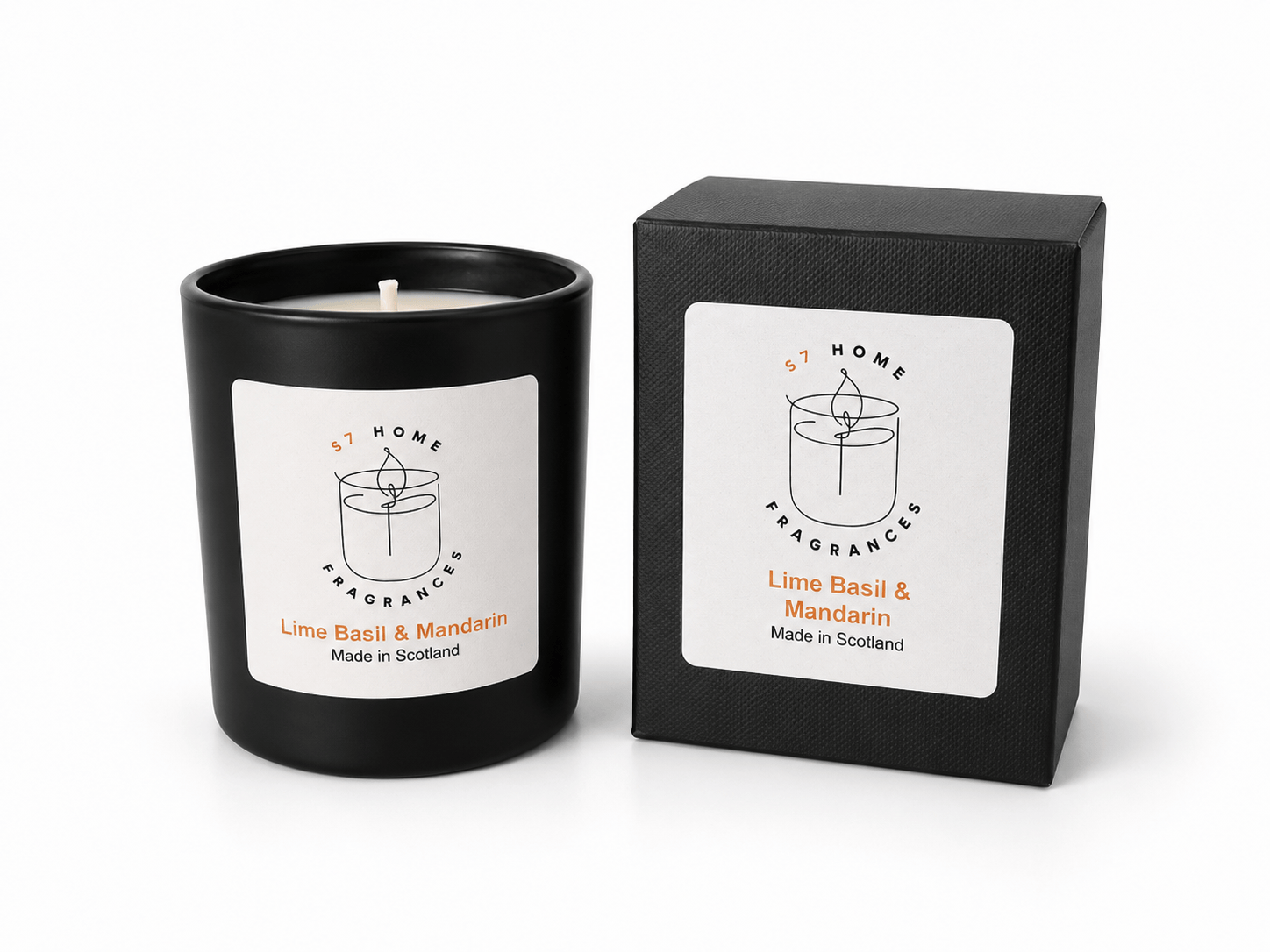 A black glass jar candle with a white label next to its black textured gift box, both labeled 'S7 Home Fragrances' and 'Lime Basil & Mandarin'.