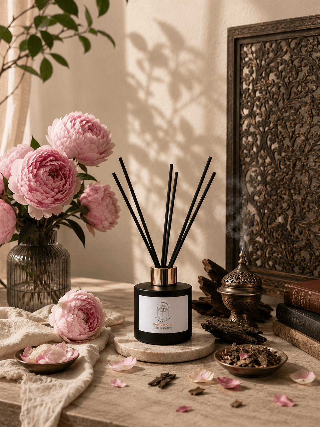 A reed diffuser bottle with black reeds and a gold collar sits on a tabletop in a styled interior scene with pink flowers, books, a brass incense burner, and warm sunlight and shadows. Scent is Peony & Oud made in Scotland by S7 Home Fragrances