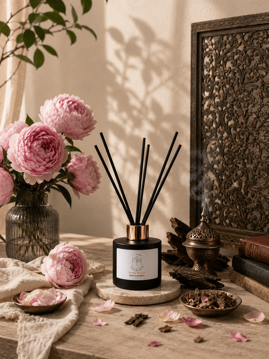 A reed diffuser bottle with black reeds and a gold collar sits on a tabletop in a styled interior scene with pink flowers, books, a brass incense burner, and warm sunlight and shadows. Scent is Peony & Oud made in Scotland by S7 Home Fragrances