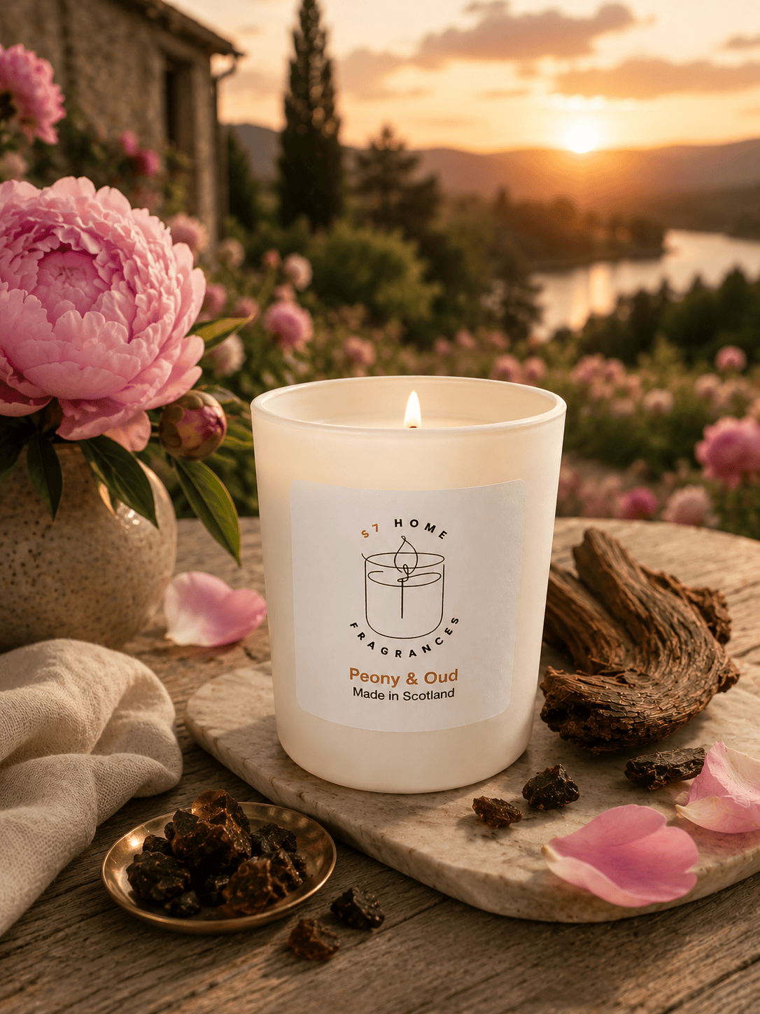 A lit white scented candle jar labeled 'S7 HOME Fragrance' and 'Peony & Oud' sits on a rustic wooden surface outdoors at sunset, surrounded by pink flowers, dried botanicals, and a stone tray. The background shows a scenic lake and house at sunrise.