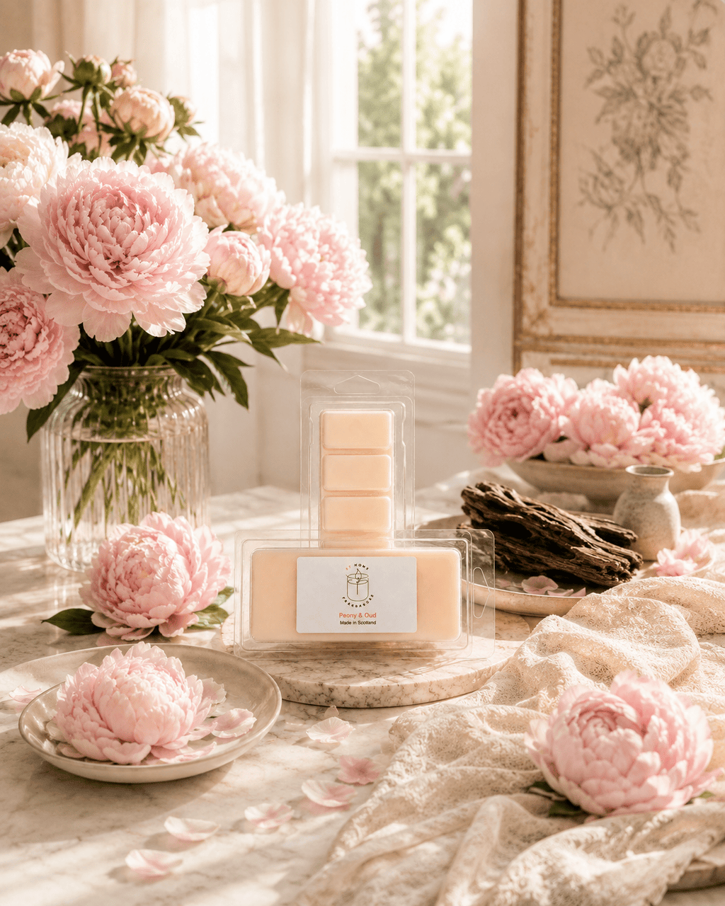 A packaged bar of wax melt sits on a marble surface in a softly styled interior scene with pink peony flowers, lace fabric, and a window in the background. The product is shown in clear packaging with a white label.