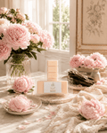A packaged bar of wax melt sits on a marble surface in a softly styled interior scene with pink peony flowers, lace fabric, and a window in the background. The product is shown in clear packaging with a white label.