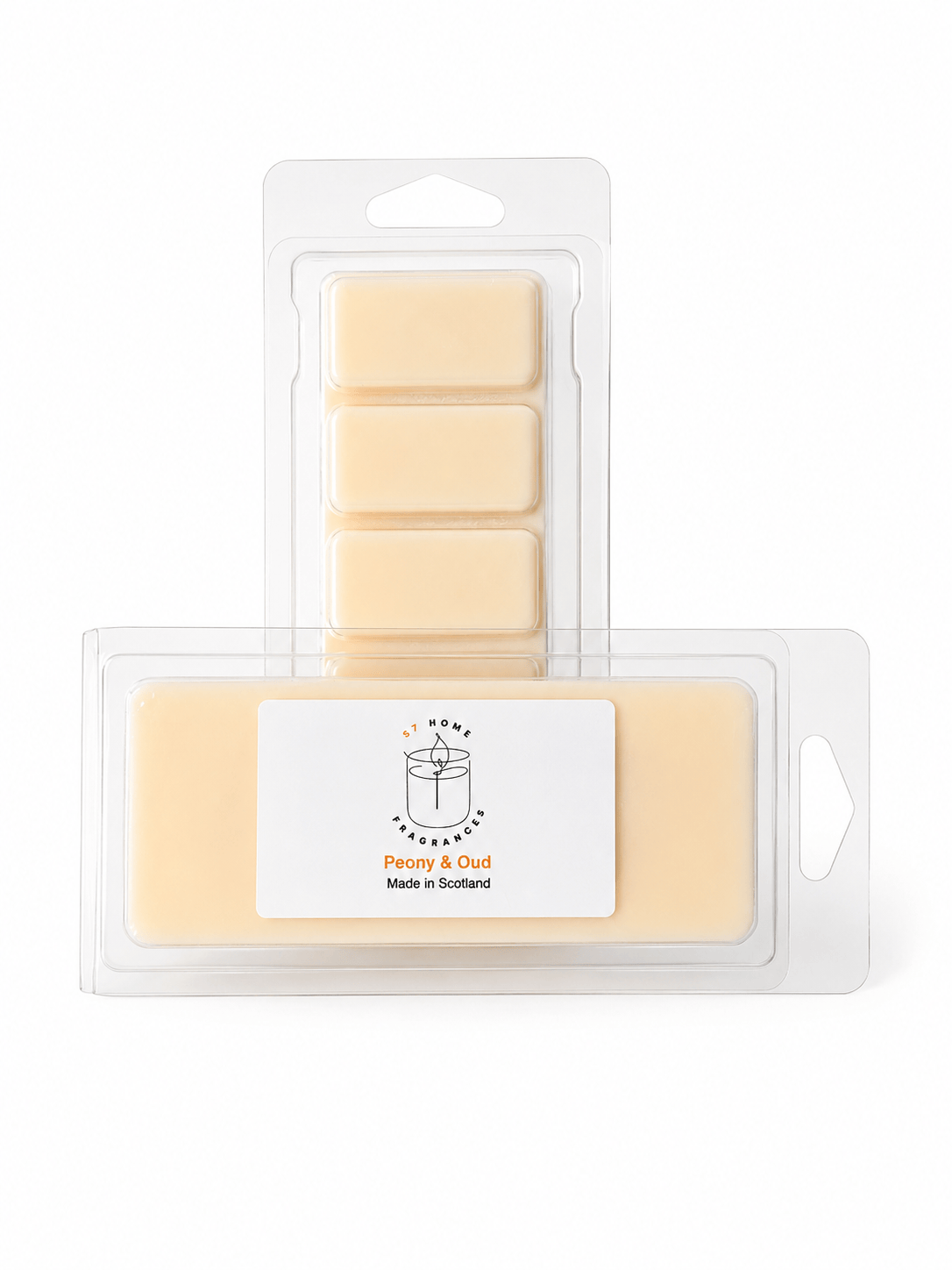 Two wax melts packages on a white background: a smaller clear blister pack with five pale cream wax blocks behind it, and a larger clear package in front with a white label reading 'Peony & Oud' and  'Made in Scotland'.