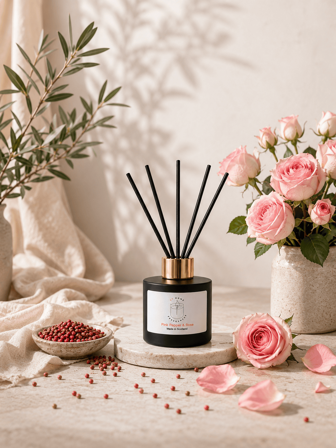 A reed diffuser bottle with black reeds and a gold collar sits on a stone slab in a styled setting with pink roses, scattered peppercorns, and draped fabric. A white label on the front reads 'S7 Home Fragrance' and 'Pink Pepper & Rose'.