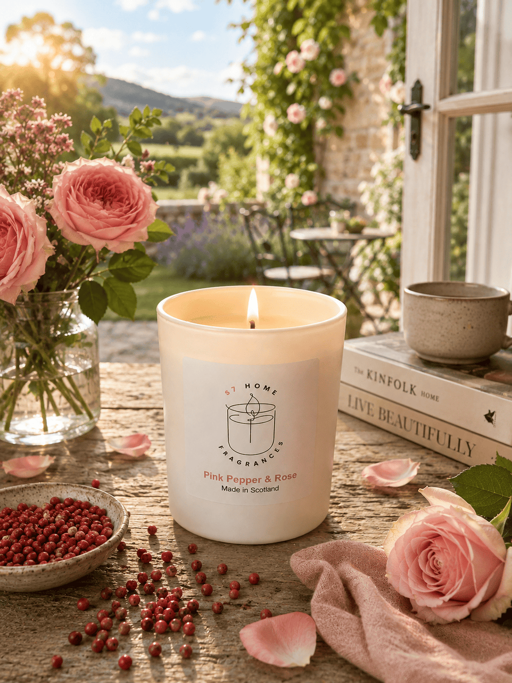 A lit white scented candle labeled 'S7 Home Fragrance' in Pink Pepper & Rose scent, styled on a rustic wooden table with pink roses, scattered berries, a book, and a cup, set against a warm garden patio background.