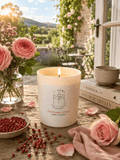 A lit white scented candle labeled 'S7 Home Fragrance' in Pink Pepper & Rose scent, styled on a rustic wooden table with pink roses, scattered berries, a book, and a cup, set against a warm garden patio background.