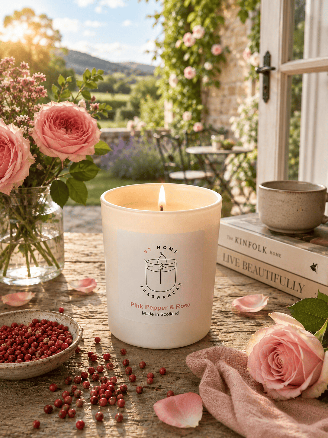A lit white scented candle labeled 'S7 Home Fragrance' in Pink Pepper & Rose scent, styled on a rustic wooden table with pink roses, scattered berries, a book, and a cup, set against a warm garden patio background.
