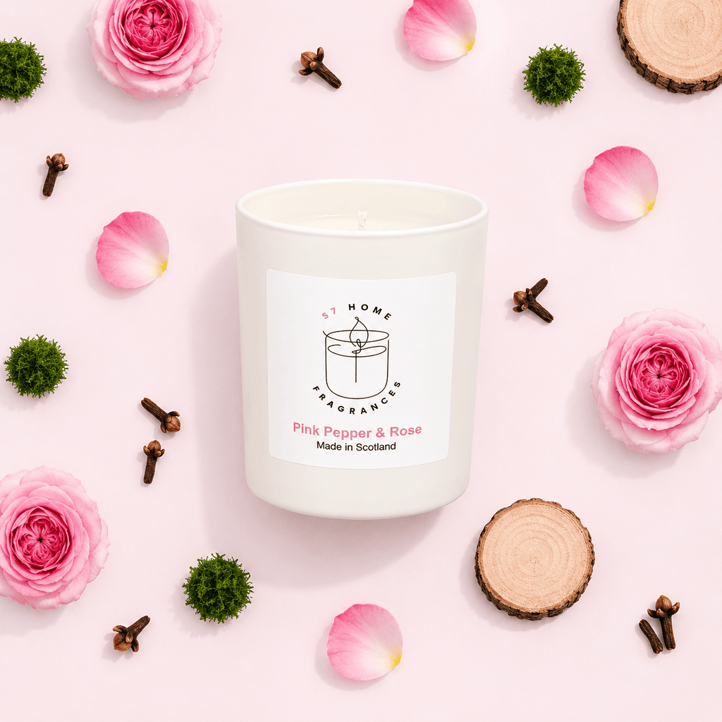 A white scented candle jar labeled 'S7 Home Fragrance' and 'Pink Pepper & Rose' is centered on a light pink background, surrounded by pink rose petals, small green moss balls, cloves, and wood slices.