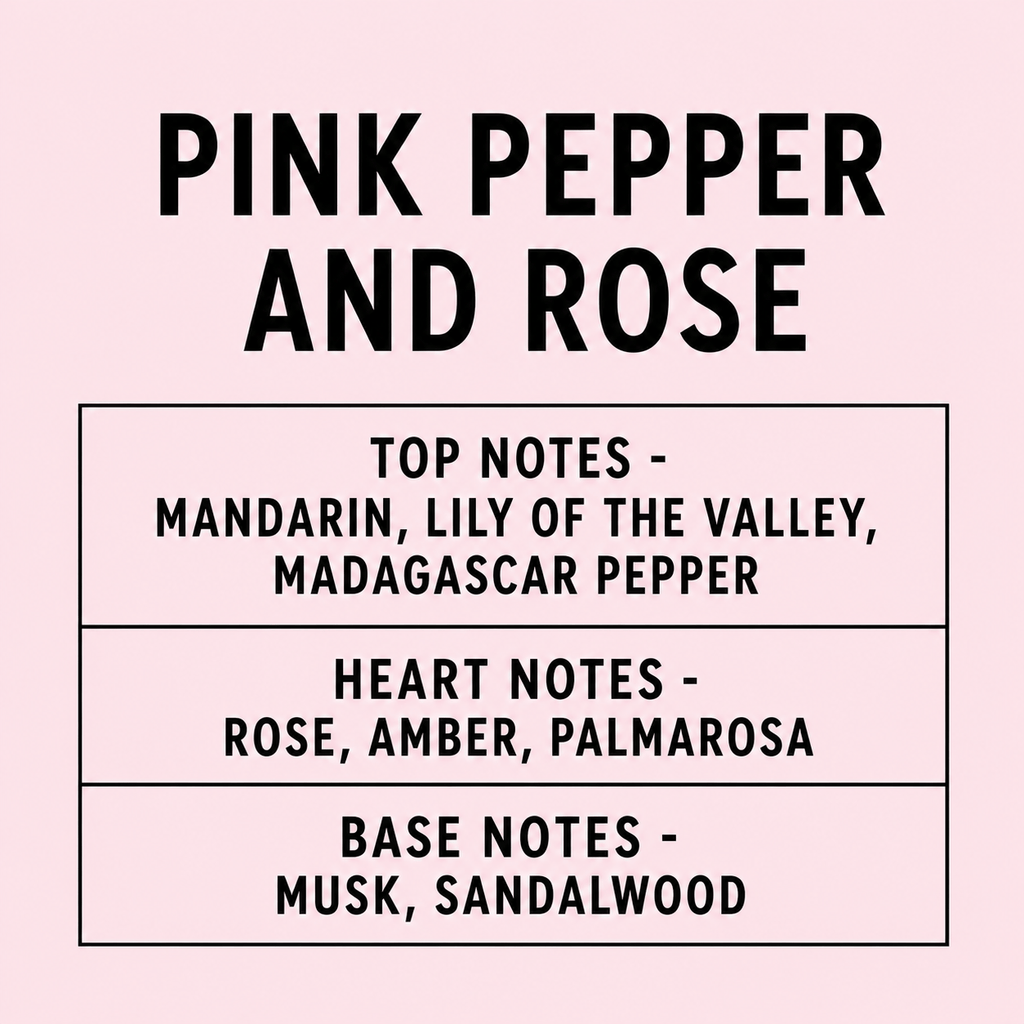 A pink graphic card displaying the scent profile of a fragrance named 'PINK PEPPER AND ROSE' in bold black text, with top, heart, and base notes listed in a clean box layout.