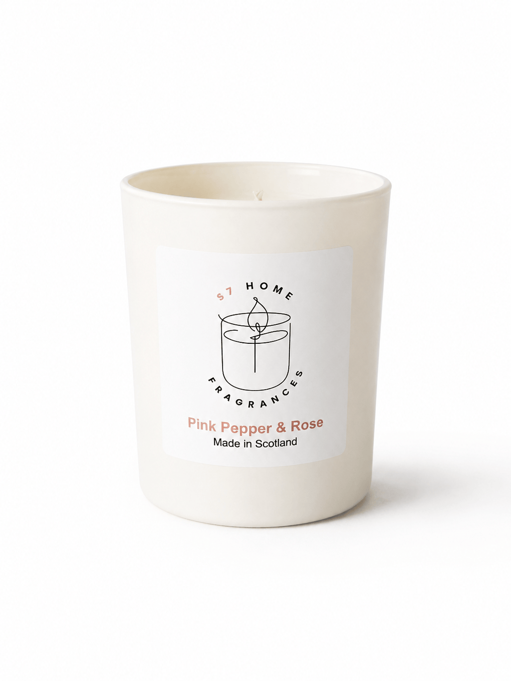 An off-white ceramic candle jar with a white label reading 'S7 HOME Fragrances' and 'Pink Pepper & Rose Made in Scotland' on a clean white background.