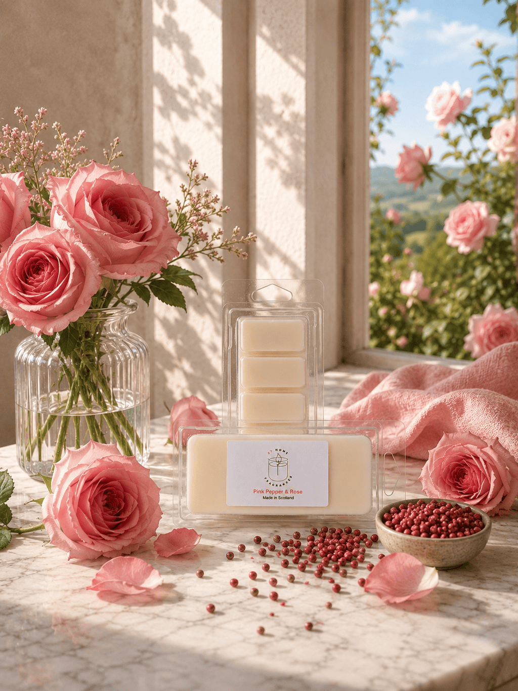 A packaged wax melt product sits on a marble surface beside pink roses, petals, and a bowl of red berries, with a sunlit window and outdoor garden visible in the background. The label reads 'Pink Pepper & Rose' and 'Made in Scotland'.