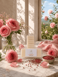 A packaged wax melt product sits on a marble surface beside pink roses, petals, and a bowl of red berries, with a sunlit window and outdoor garden visible in the background. The label reads 'Pink Pepper & Rose' and 'Made in Scotland'.