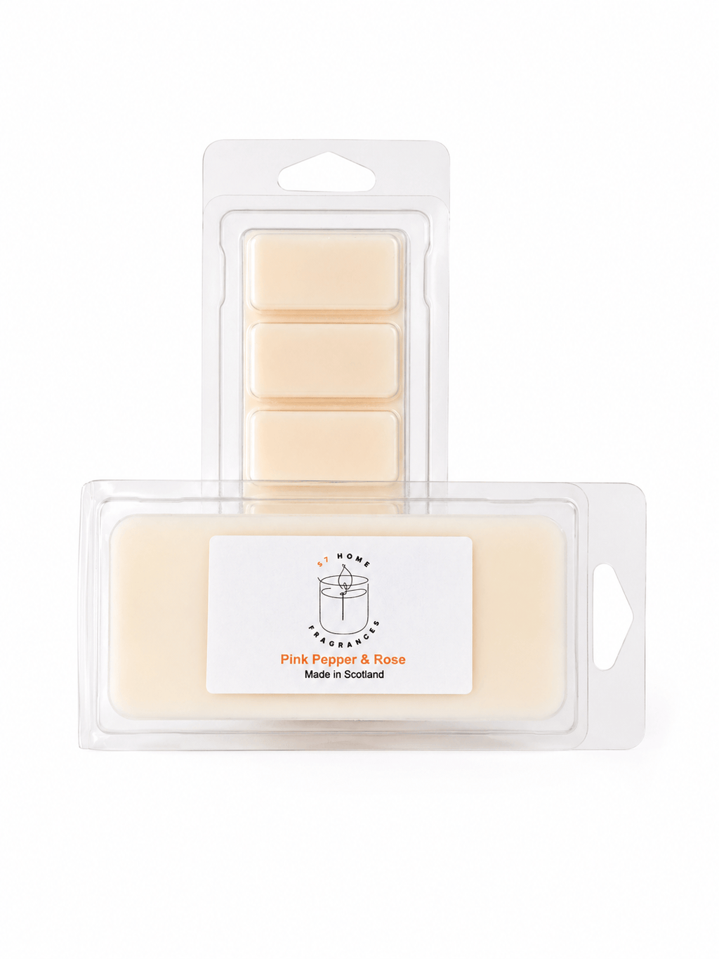 Two wax melts packages on a white background: a single bar in a clear clamshell package labeled Pink Pepper & Rose, and a five-bar wax melt tray behind it.