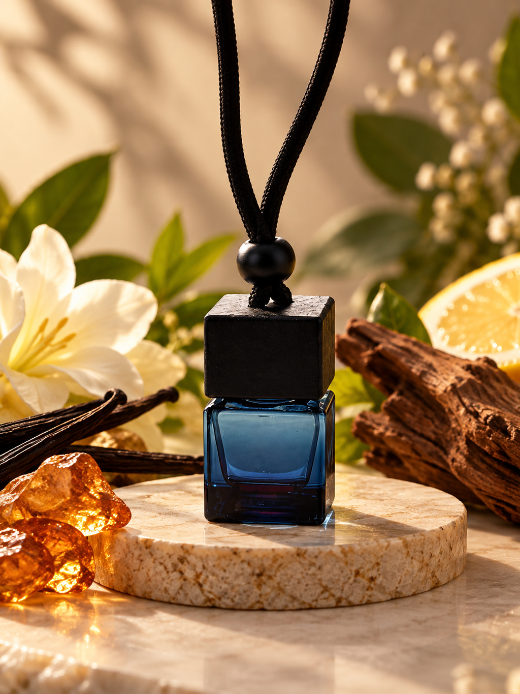 Blue and Black Hanging Car Diffuser with a floral background