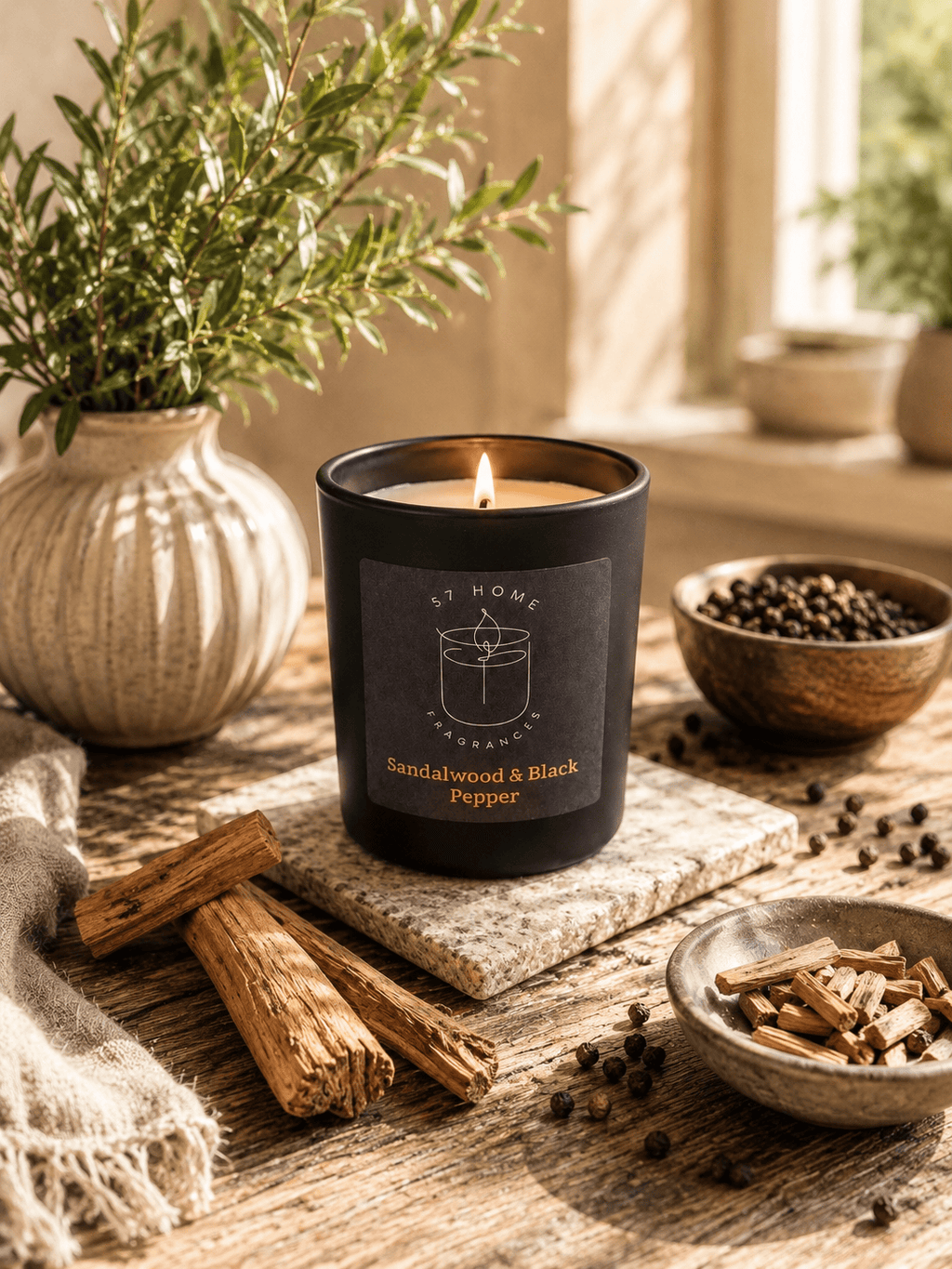 A lit black scented candle jar labeled 'S7 Home Fragrances' and 'Sandalwood & Black Pepper' sits on a stone coaster on a rustic wooden table, surrounded by cinnamon sticks, peppercorns, and a potted plant in a warm, sunlit interior setting.