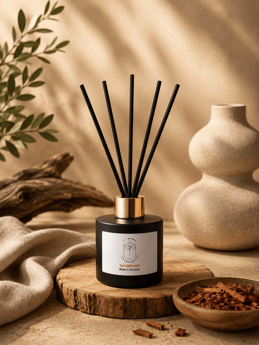 A reed diffuser bottle with black reeds, a black glass body, and a gold collar, set on a wooden slice with a beige label. The scene is styled with a beige ceramic vase, a small bowl of cinnamon sticks, and draped fabric in a warm, sunlit setting. Sandalwood scent made in Scotland by S7 Home Fragrances
