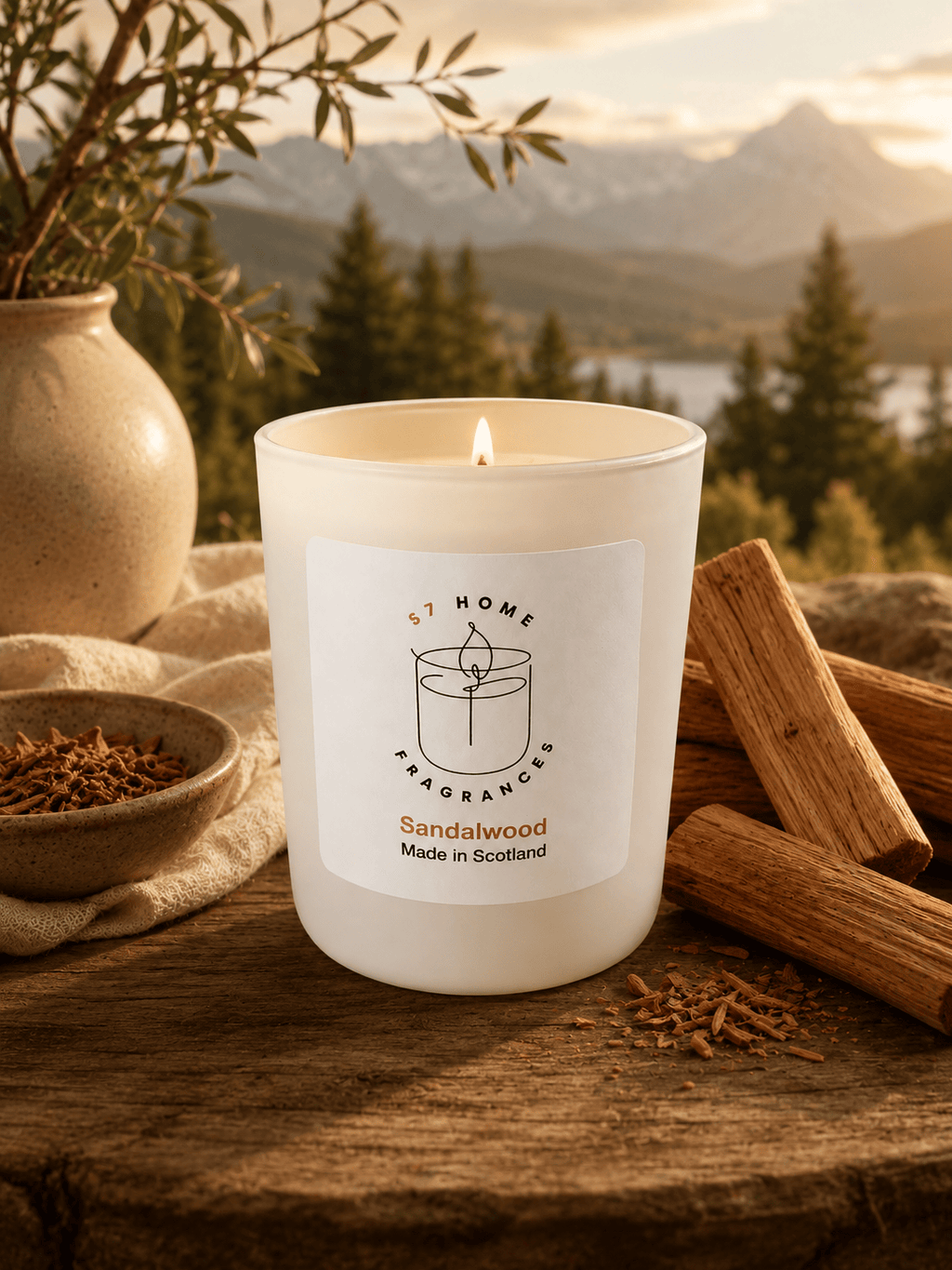 A lit white scented candle jar labeled 'S7 HOME Fragrances Sandalwood Made in Scotland' sits on a rustic wooden surface with wood chips, a ceramic vase, and a mountain-and-lake landscape in the background.