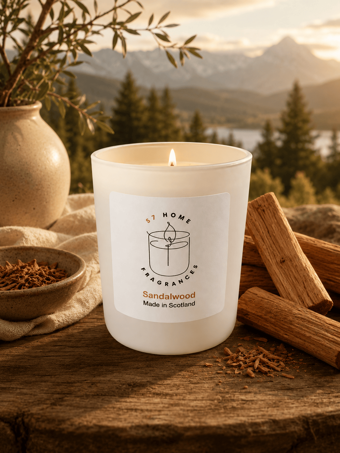 A lit white scented candle jar labeled 'S7 HOME Fragrances Sandalwood Made in Scotland' sits on a rustic wooden surface with wood chips, a ceramic vase, and a mountain-and-lake landscape in the background.