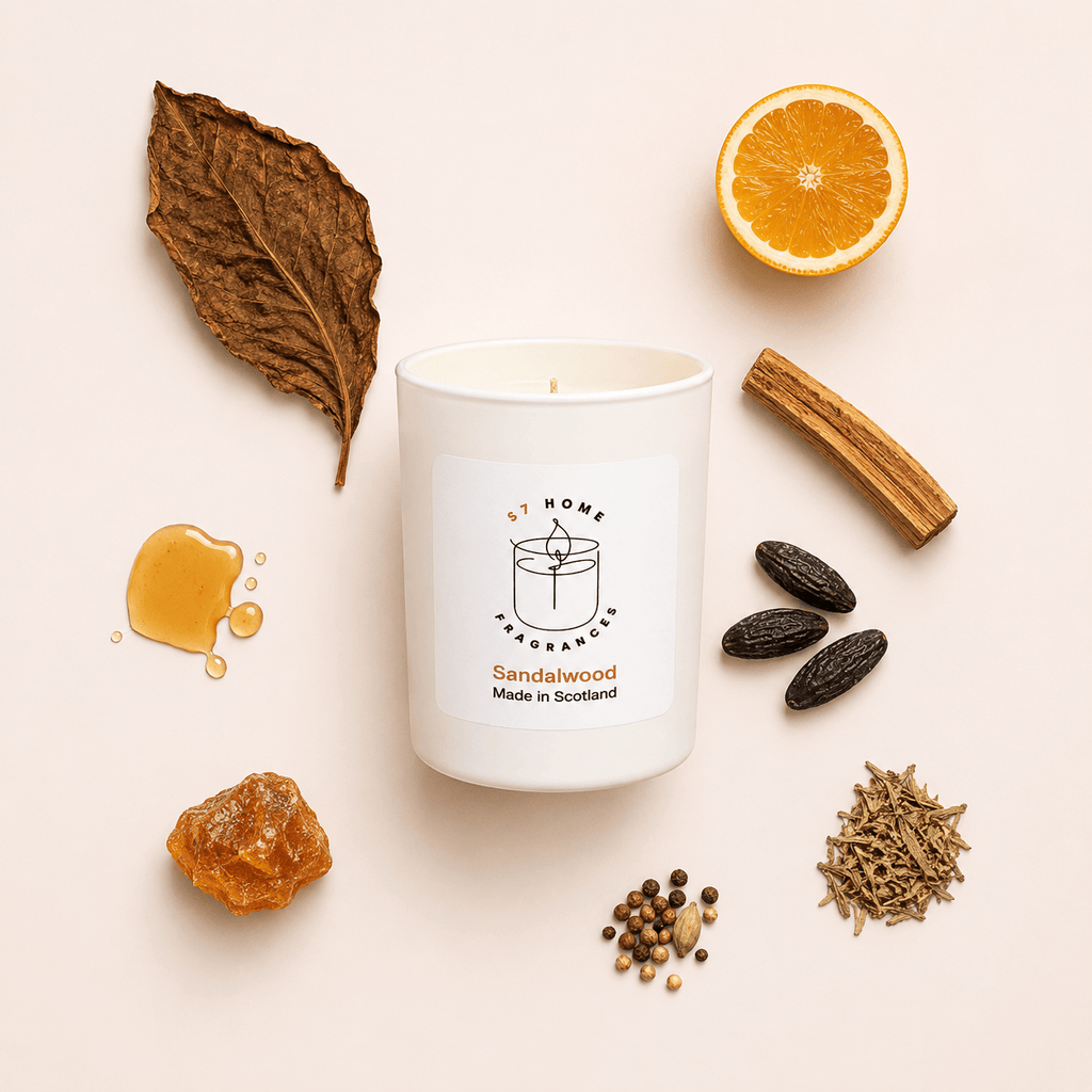 A white glass candle jar labeled 'by S7 HOME Fragrances Sandalwood Made in Scotland' is arranged on a pale pink background with scent ingredients around it, including a dried leaf, orange slice, cinnamon stick, honey drop, seeds, and spices.