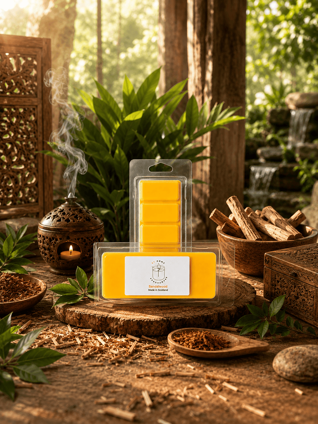 A packaged yellow wax melt set displayed on a rustic wooden surface with dried herbs, a small incense burner, wood chips, and green foliage in the background. The product is in a clear blister pack with a white label reading 'Sandalwood' and 'Made in Scotland'.