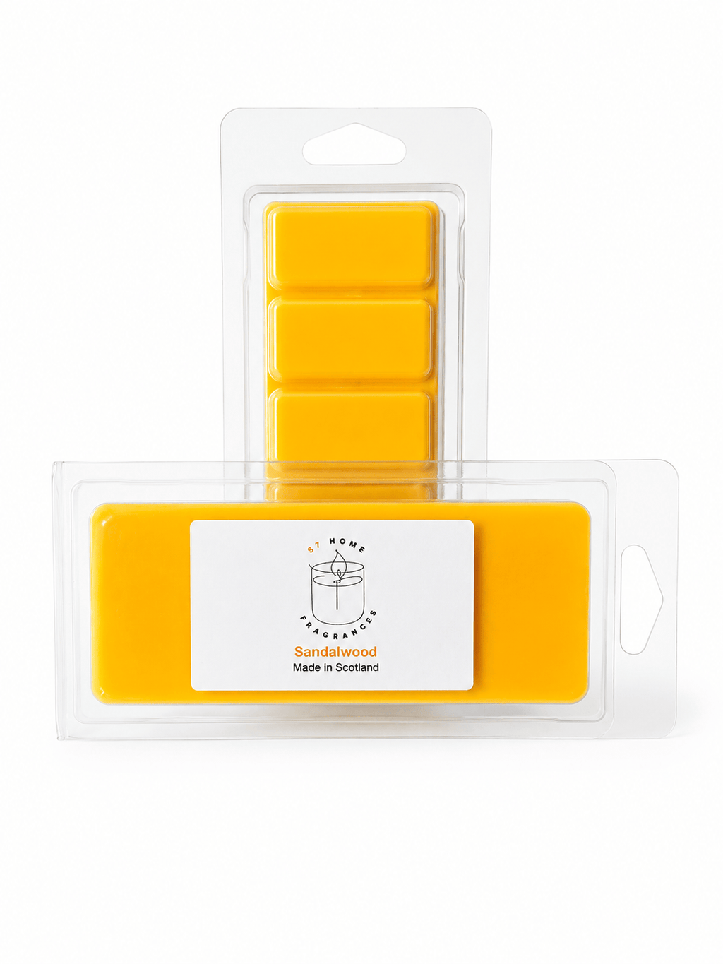 Yellow sandalwood melt wax melts in a clear plastic clamshell package with a white label reading 'Sandalwood' and 'Made in Scotland'.