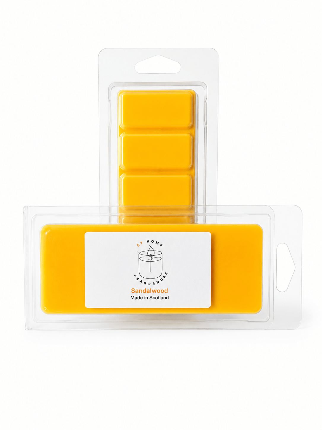 Yellow sandalwood melt wax melts in a clear plastic clamshell package with a white label reading 'Sandalwood' and 'Made in Scotland'.