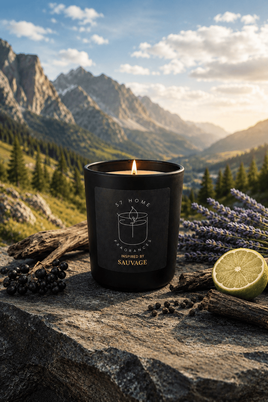 A black scented candle labeled 'S7 Home Fragrances' and 'Inspired by Sauvage' sits lit on a rocky surface outdoors, with mountains, trees, lavender sprigs, dark berries, and a lime slice in the background.