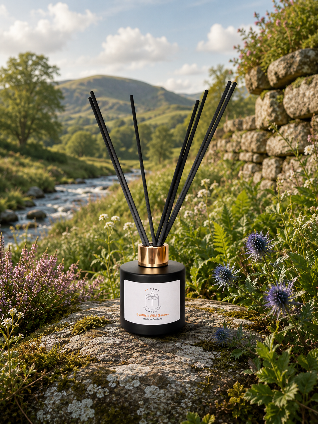 Scottish Wild Garden reed diffuser on a rock beside a Highland stream and stone wall