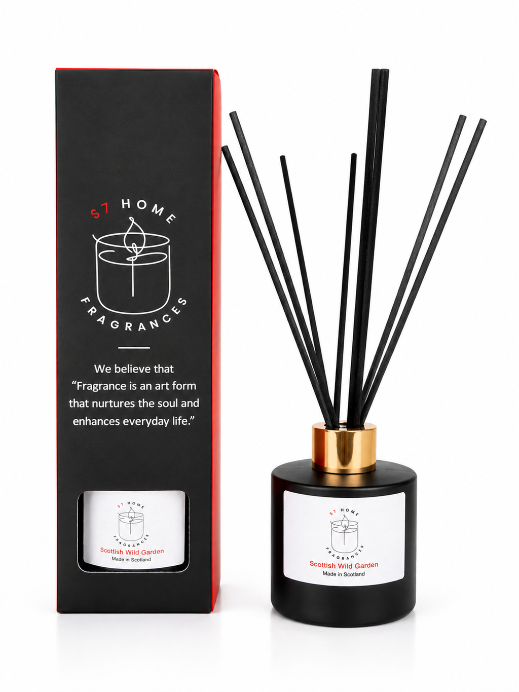 'Scottish Wild Garden' diffuser next to its packaging by S7 Home Fragrances.