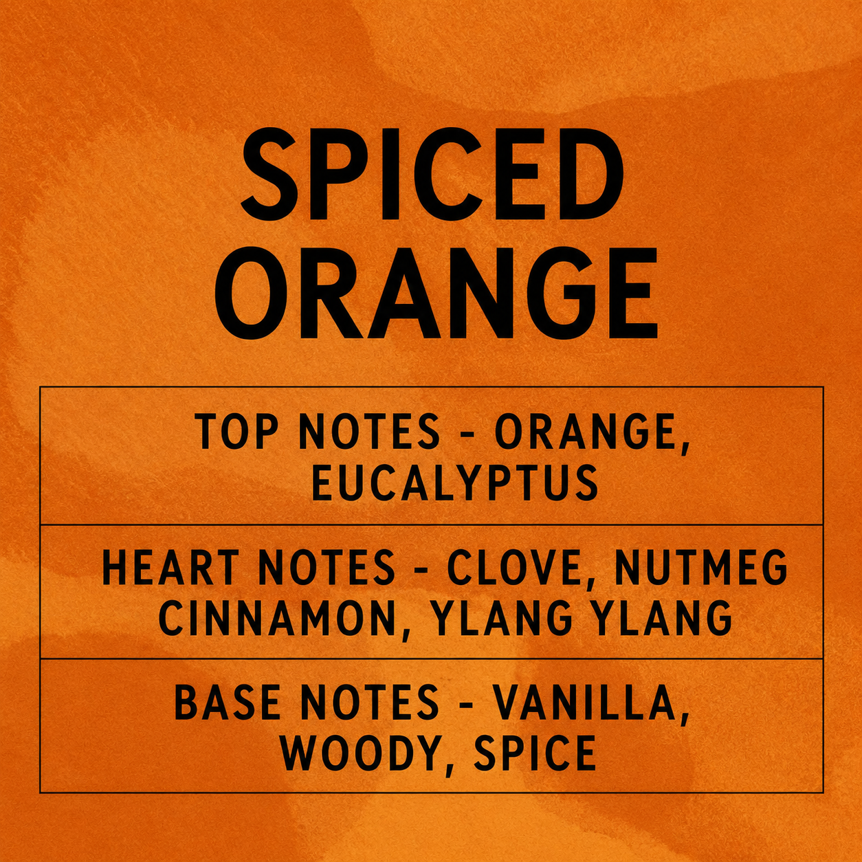 Spiced orange fragrance description on an orange background