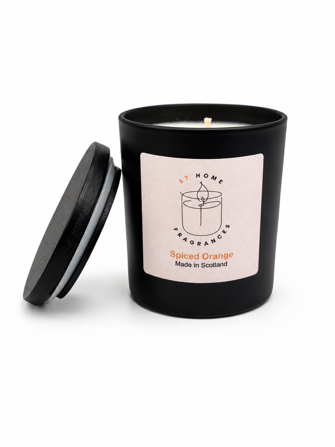 Spiced Orange soy candle in black jar with white label and black wooden lid on a white background, S7 Home Fragrances