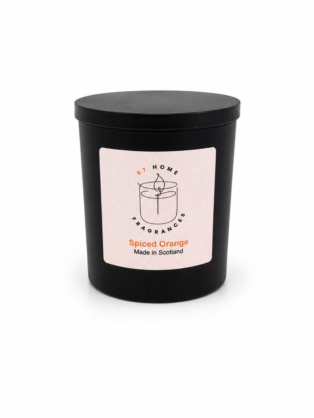 Spiced Orange candle in black jar with a white label and black wooden jar topper on a white background