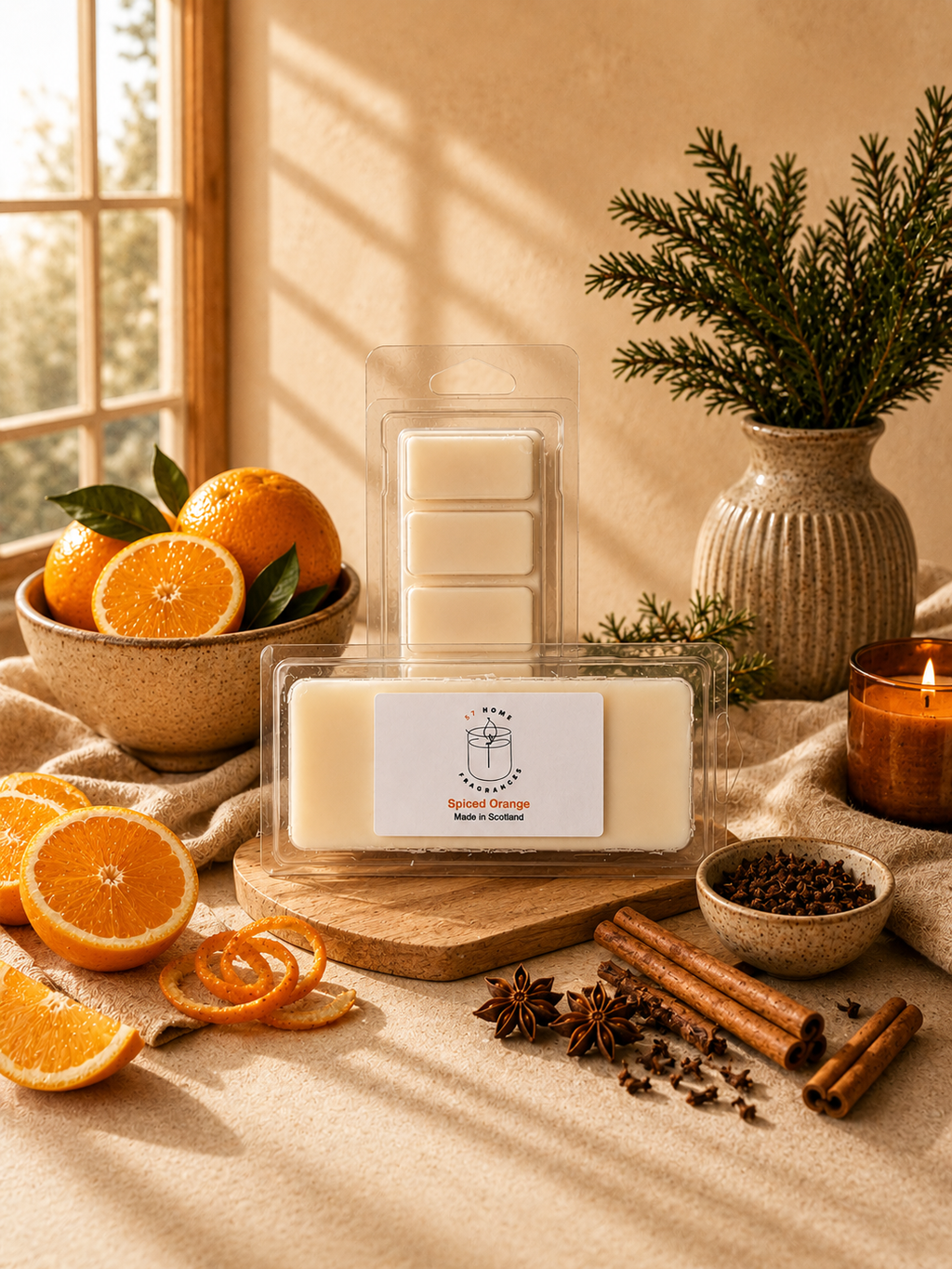A packaged wax melt set displayed on a table with warm seasonal props. The main product is shown in clear plastic packaging with a white label reading 'Spiced Orange' a small logo and 'Made in Scotland'.