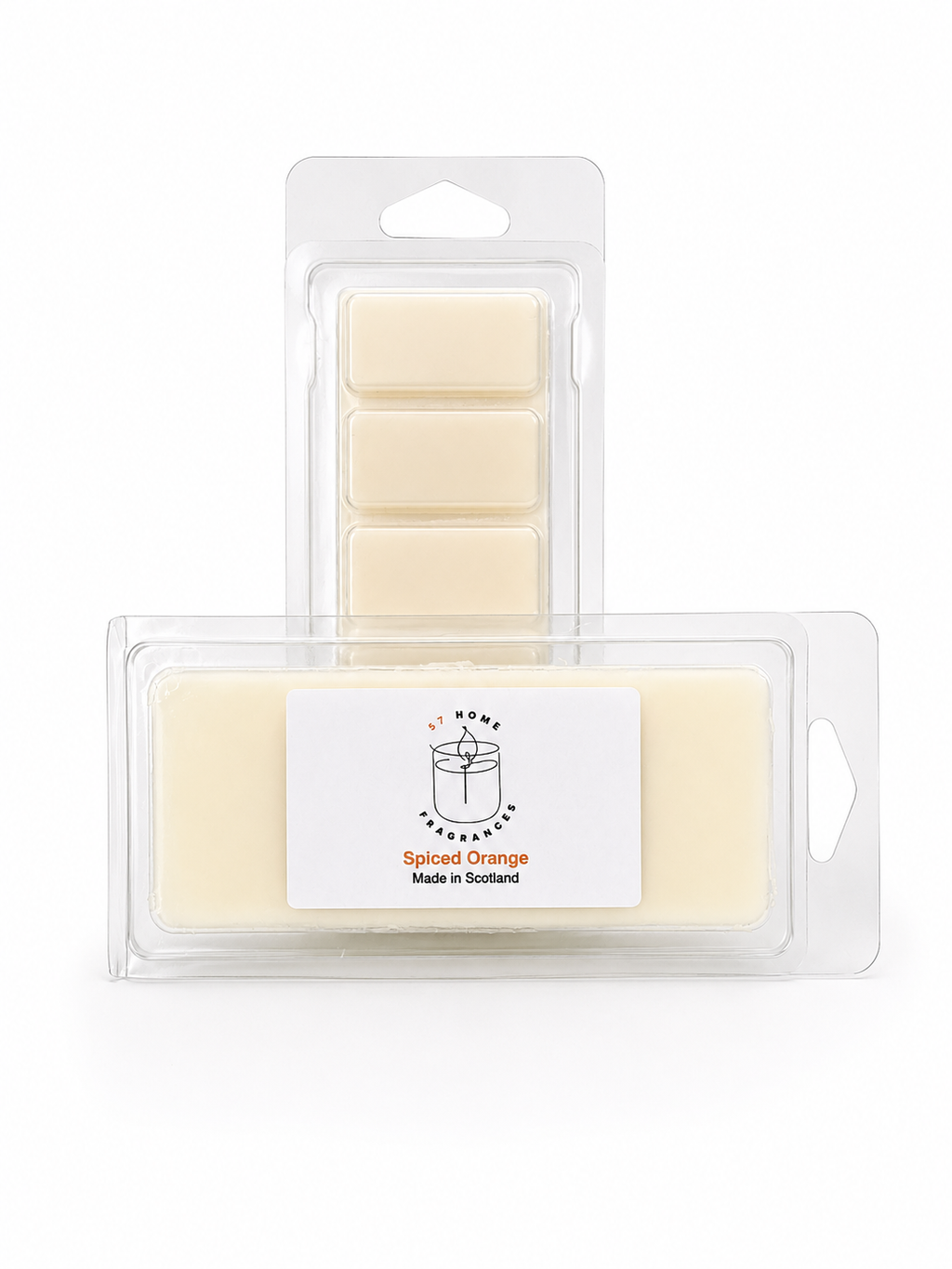 Two wax melts packages on a white background: a smaller clear blister pack with five pale cream wax tabs behind it, and a larger clear rectangular package in front with a white label reading 'Spiced Orange' and 'Made in Scotland.'.